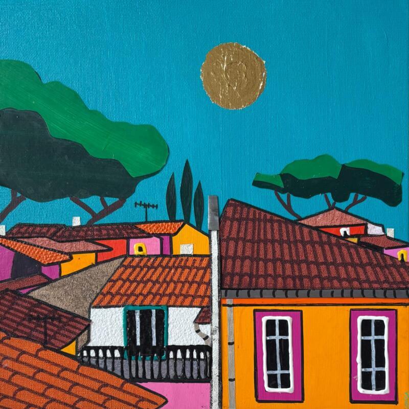 Painting Sous les pins by Lovisa | Painting Pop-art Urban Acrylic Gluing Posca Textile Gold leaf Upcycling Paper