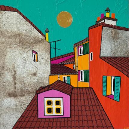 Peinture Village provençal par Lovisa | Tableau Pop-art Acrylique, Collage, Feuille d'or, Papier, Posca, Textile, Upcycling Urbain