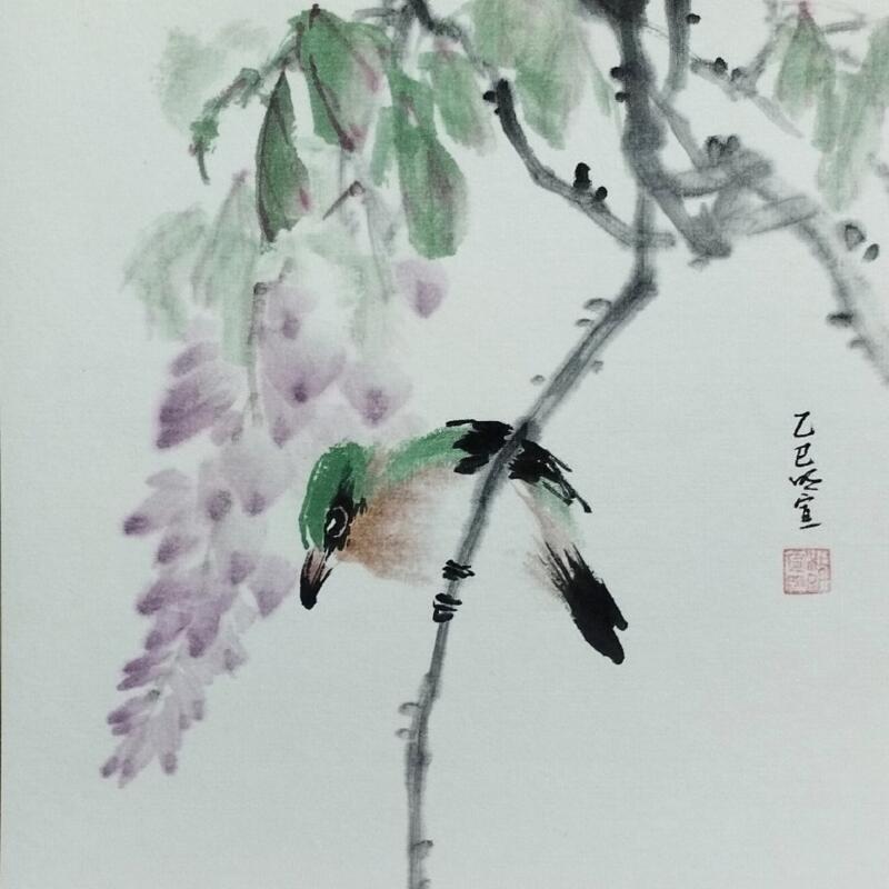 Peinture Green bird par Du Mingxuan | Tableau Figuratif Animaux Aquarelle Encre