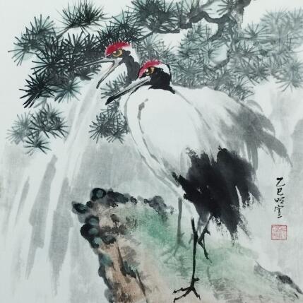 Painting Red-crowned cranes and pine trees by Du Mingxuan | Painting Figurative Ink, Watercolor Animals, Pop icons