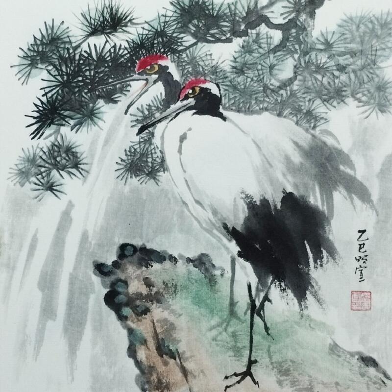 Painting Red-crowned cranes and pine trees by Du Mingxuan | Painting Figurative Animals Watercolor Ink