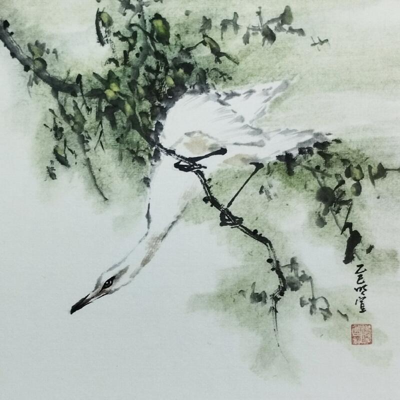 Peinture Little egret par Du Mingxuan | Tableau Figuratif Animaux Aquarelle Encre