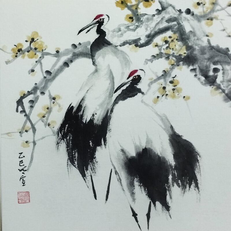 Peinture Red-crowned cranes and flowers par Du Mingxuan | Tableau Figuratif Animaux Aquarelle Encre