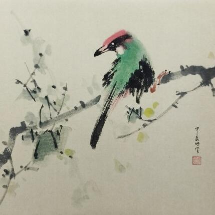 Painting Red-head bird by Du Mingxuan | Painting Figurative Ink, Watercolor Animals