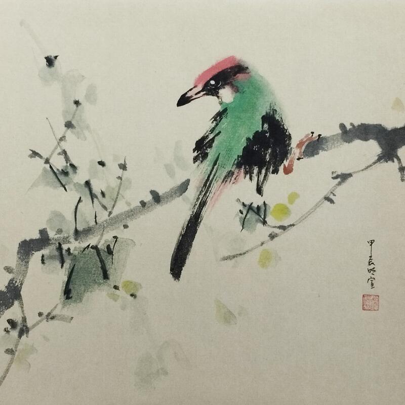 Peinture Red-head bird par Du Mingxuan | Tableau Figuratif Animaux Aquarelle Encre