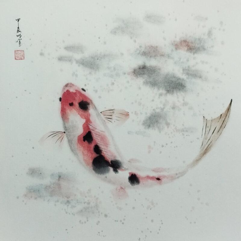 Gemälde Carp koi von Du Mingxuan | Gemälde Figurativ Tiere Aquarell Tinte