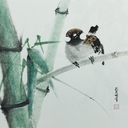 Peinture Sparrow and bamboo par Du Mingxuan | Tableau Figuratif Aquarelle, Encre Animaux