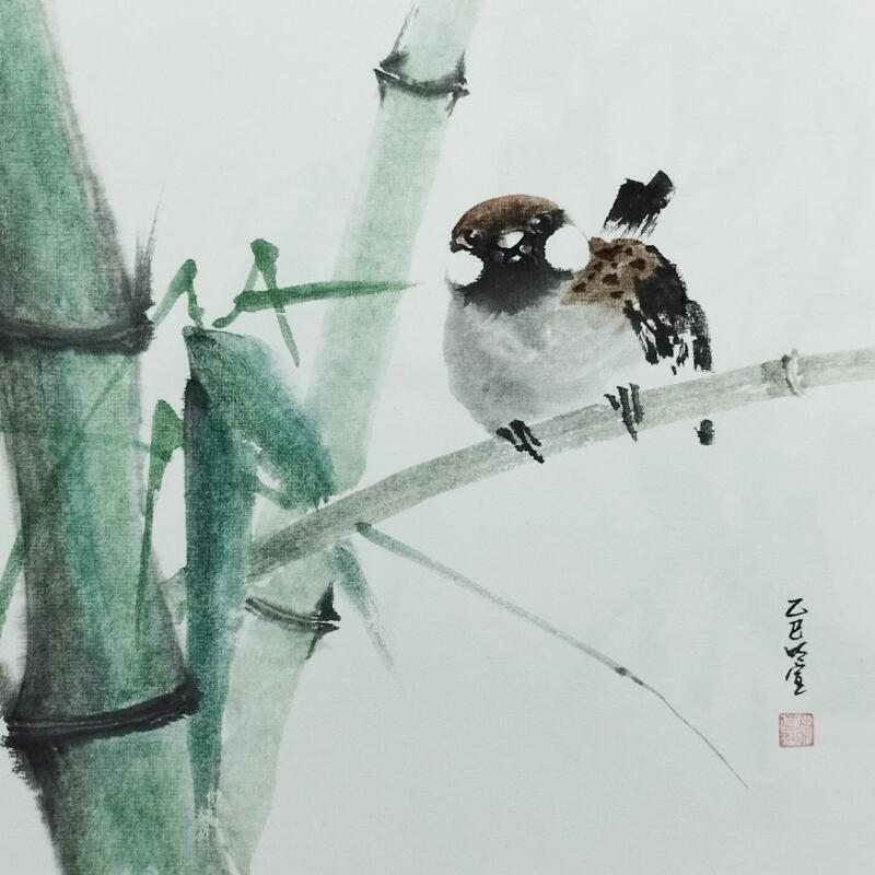 Peinture Sparrow and bamboo par Du Mingxuan | Tableau Figuratif Animaux Aquarelle Encre