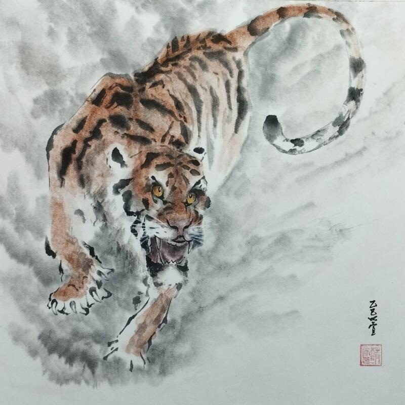 Painting Tiger by Du Mingxuan | Painting Figurative Animals Watercolor Ink