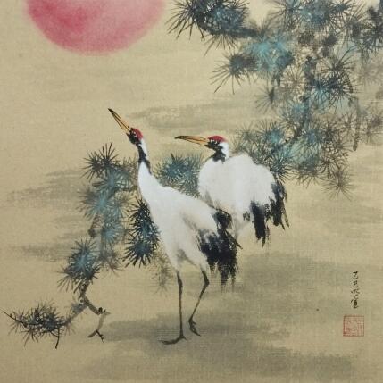 Painting Cranes and sunrise by Du Mingxuan | Painting Figurative Ink, Watercolor Animals