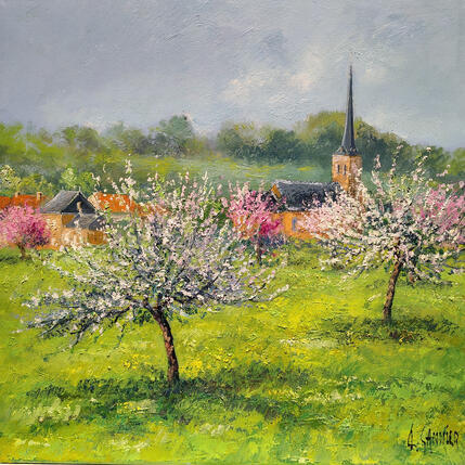 Painting Pommiers en fleurs en Picardie by Sannier Daniel | Painting Impressionism Oil Landscapes