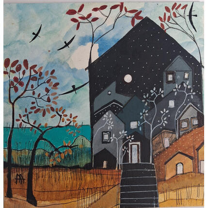 Peinture El pueblo escondido par Arias Parera Almudena | Tableau Art naïf Acrylique, Collage
