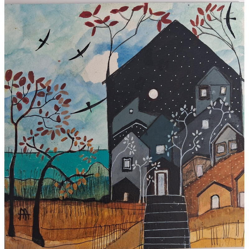 Peinture El pueblo escondido par Arias Parera Almudena | Tableau Art naïf Acrylique Collage