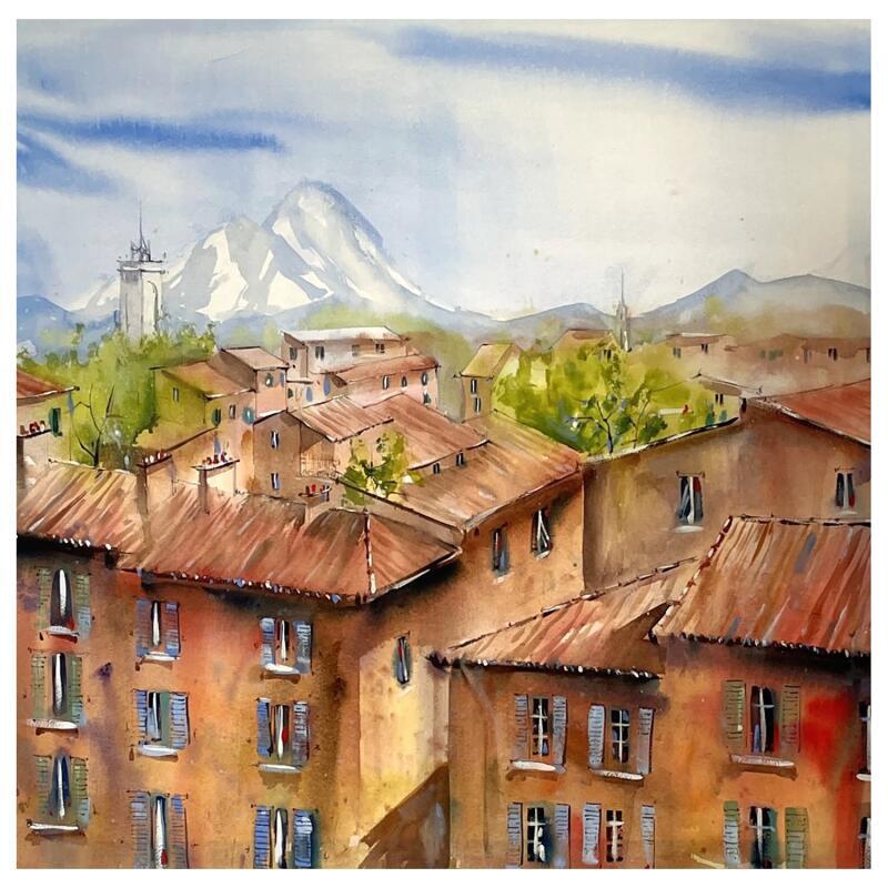 Painting Les toits d’Aix en Provence sur la saint victoire  by Bailly Kévin  | Painting Figurative Urban Architecture Watercolor Ink