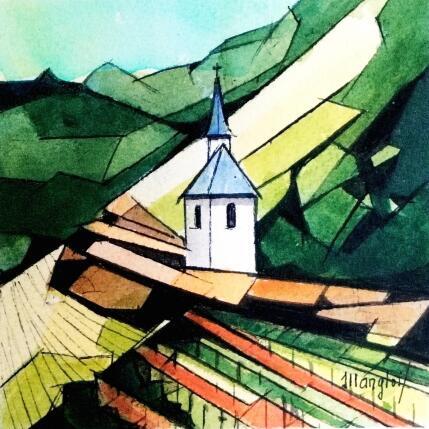 Painting Vignes 2 (clocher gris) by Langlois Jean-Luc | Painting Figurative Watercolor Landscapes