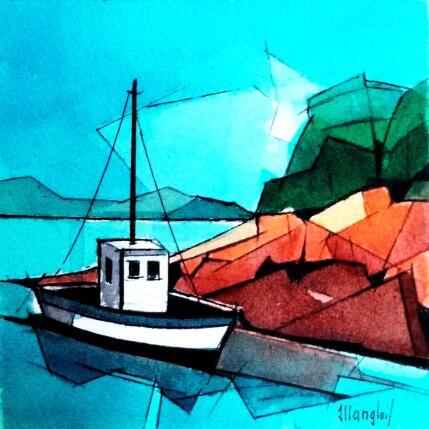 Painting Bateau de pêche 1 (blanc) by Langlois Jean-Luc | Painting Figurative Watercolor Marine