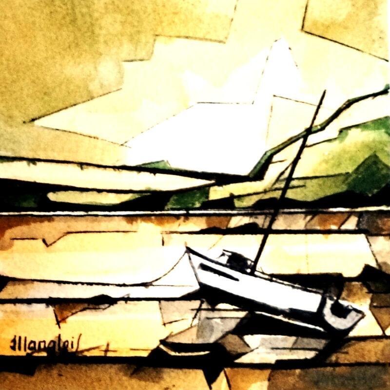 Peinture Marée basse (vert) par Langlois Jean-Luc | Tableau Figuratif Marine Aquarelle