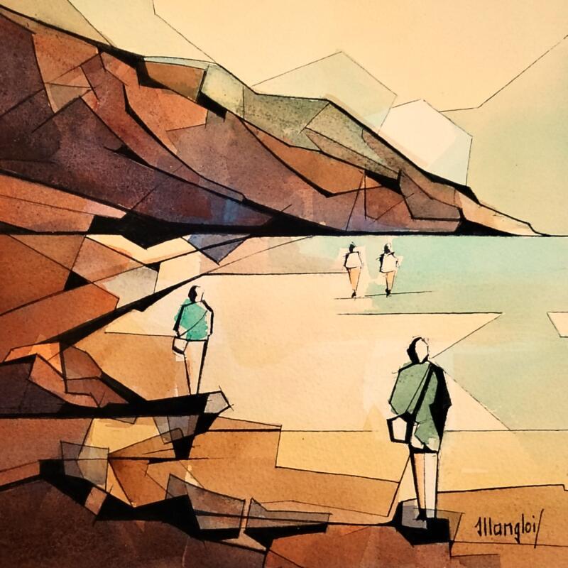 Peinture Marée basse 1 (4S) par Langlois Jean-Luc | Tableau Figuratif Marine Aquarelle