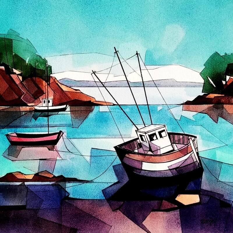 Gemälde Marée basse 1 (3 mâts) von Langlois Jean-Luc | Gemälde Figurativ Marine Aquarell