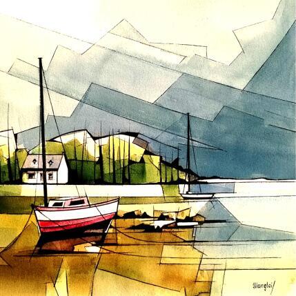 Painting Marée basse 2 (mât rose) by Langlois Jean-Luc | Painting Figurative Watercolor Marine