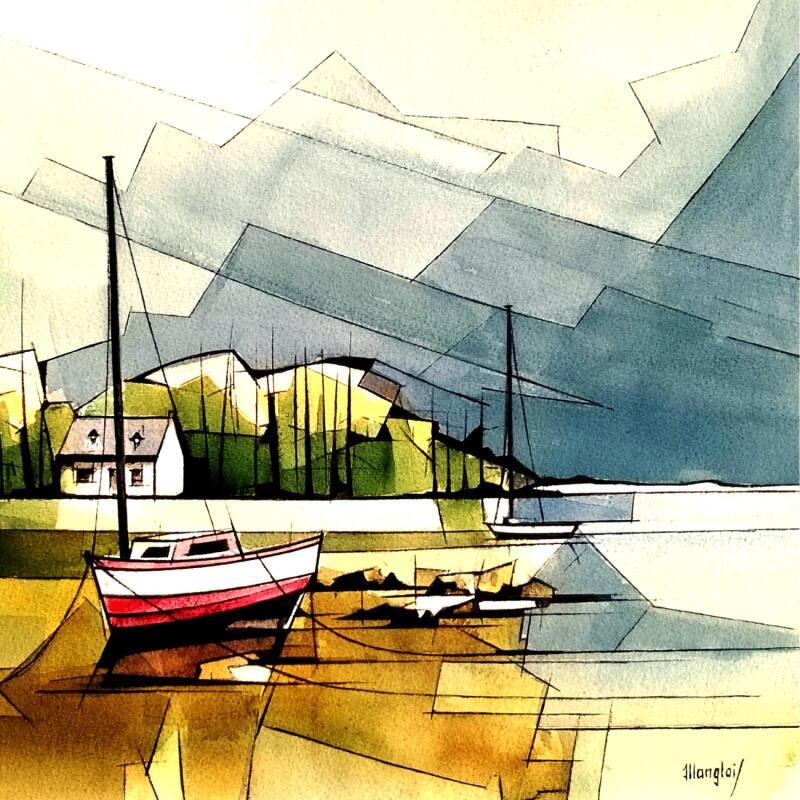 Painting Marée basse 2 (mât rose) by Langlois Jean-Luc | Painting Figurative Marine Watercolor