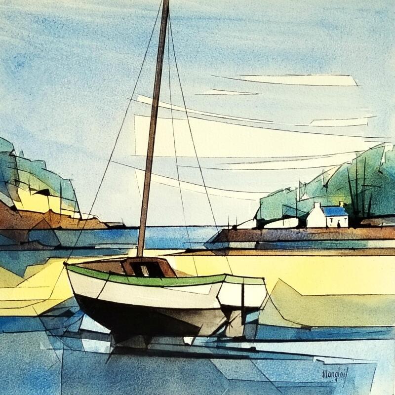 Peinture Marée basse 3 (mât vert) par Langlois Jean-Luc | Tableau Figuratif Marine Aquarelle