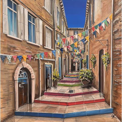 Gemälde Les fanions de la Rue du Bras de Fer à Montpellier von Touras Sophie-Kim | Gemälde Realismus Acryl Landschaften, Urban