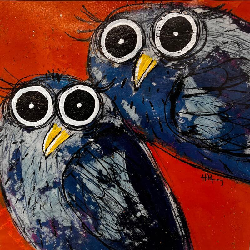 Peinture Waiting for night par Maury Hervé | Tableau Art Singulier Animaux Acrylique Encre Sable Pigments