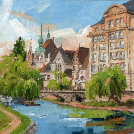 Pintura Promenade le long des berges à Strasbourg por Elisabeth Bazin | Pintura Figurativo Acrílico Arquitectura, Iconos pop, Paisajes, Urbano