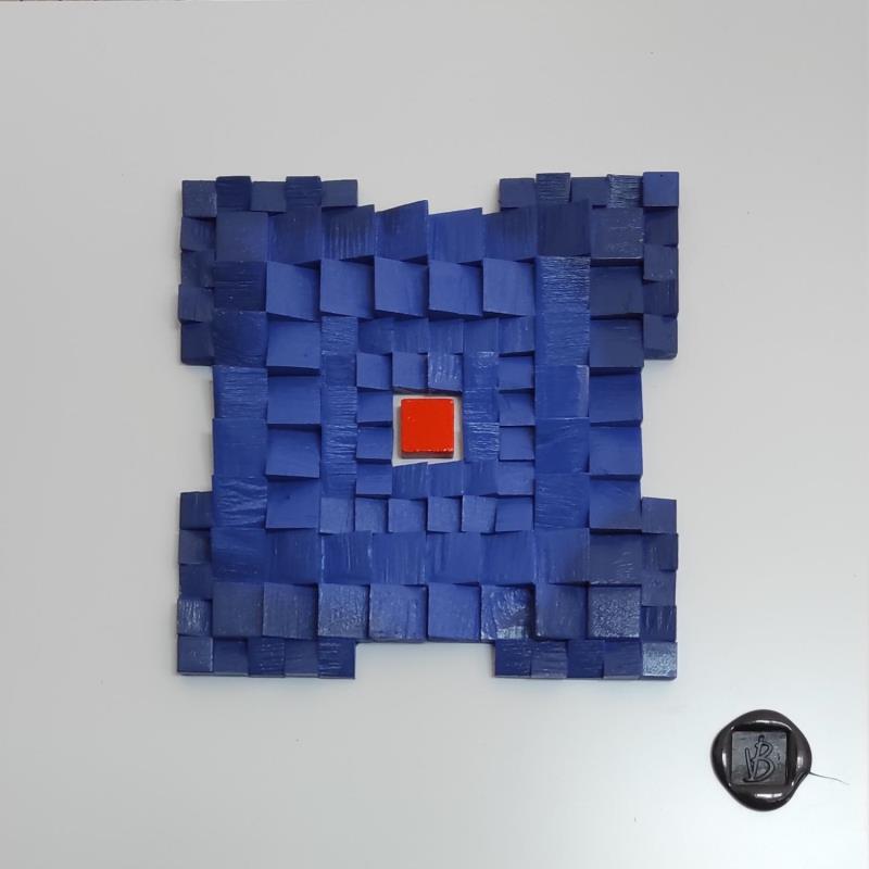 Painting Blue Diamond by Bauquel Véronique | Painting Abstract Minimalist Wood Acrylic Gluing