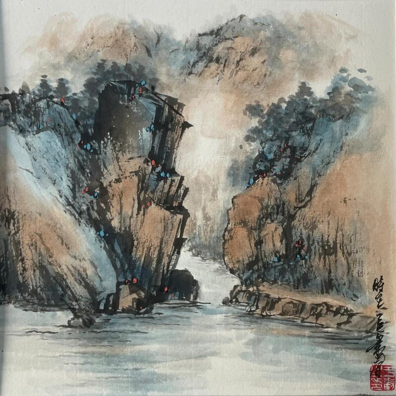 Peinture Mountains par Yu Huan Huan | Tableau Figuratif Paysages Aquarelle Encre