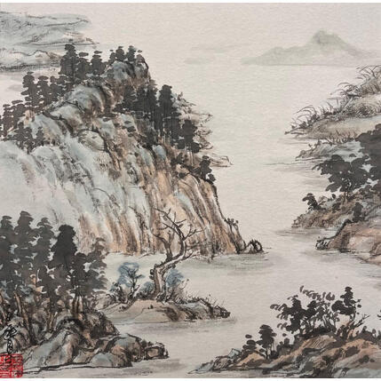 Painting Lake Mountains by Yu Huan Huan | Painting Figurative Ink, Watercolor Landscapes