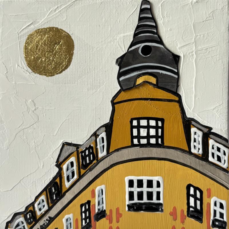 Peinture Façade Lilloise par Lovisa | Tableau Figuratif Urbain Acrylique Collage Posca Feuille d'or Upcycling Papier