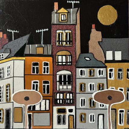 Painting Lille la nuit by Lovisa | Painting Figurative Acrylic, Gluing, Gold leaf, Paper, Posca, Textile, Upcycling Urban