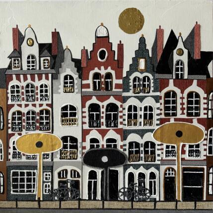 Peinture Week-end à Lille par Lovisa | Tableau Figuratif Acrylique, Collage, Feuille d'or, Papier, Posca, Textile, Upcycling Urbain