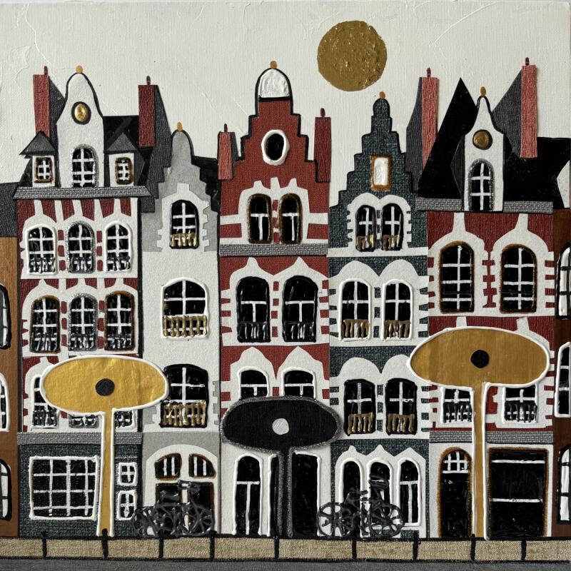 Painting Week-end à Lille by Lovisa | Painting Figurative Urban Acrylic Gluing Posca Textile Gold leaf Upcycling Paper