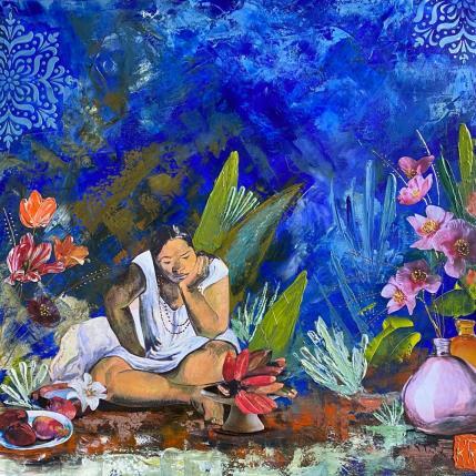 Peinture Désir paradisiaque 2  par Romanelli Karine | Tableau Figuratif Acrylique, Collage, Feuille d'or, Pastel, Posca Paysages, Scènes de vie