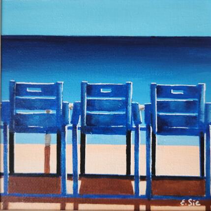 Pintura Les 3 chaises bleues por Sie Evelyne | Pintura Figurativo Acrílico Life style