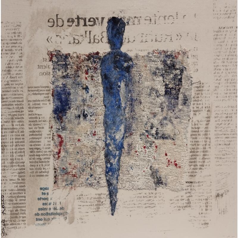 Gemälde Le voile bleu von Rocco Sophie | Gemälde Art brut Acryl Collage Sand