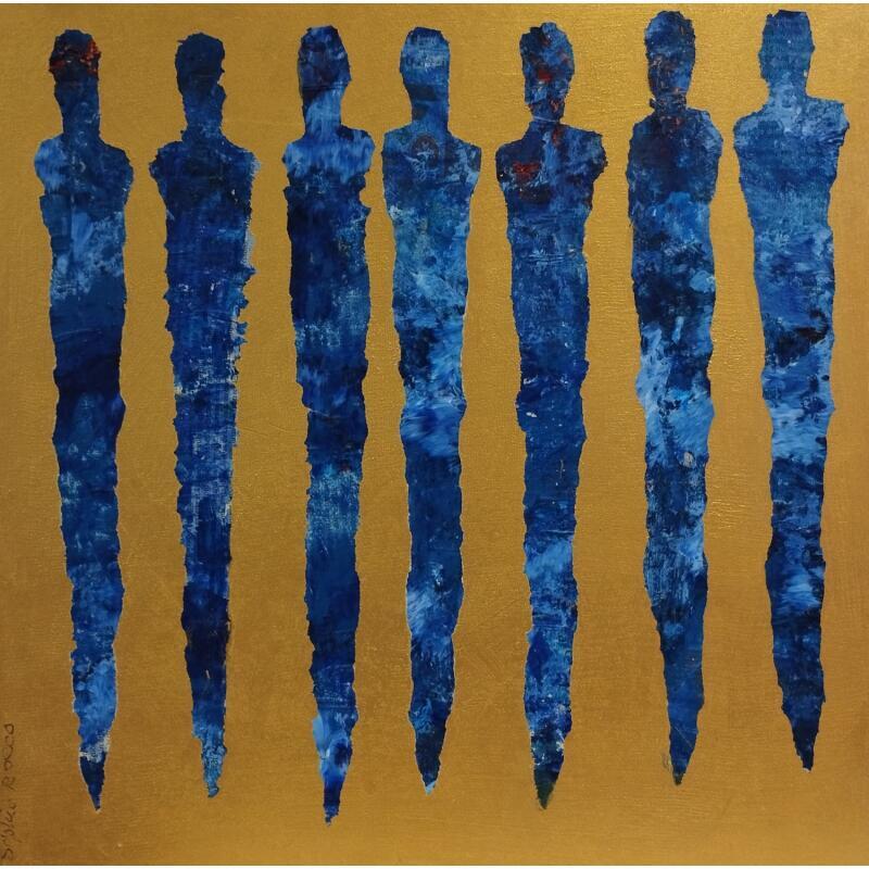Gemälde Les hommes bleus von Rocco Sophie | Gemälde Art brut Acryl Collage Sand