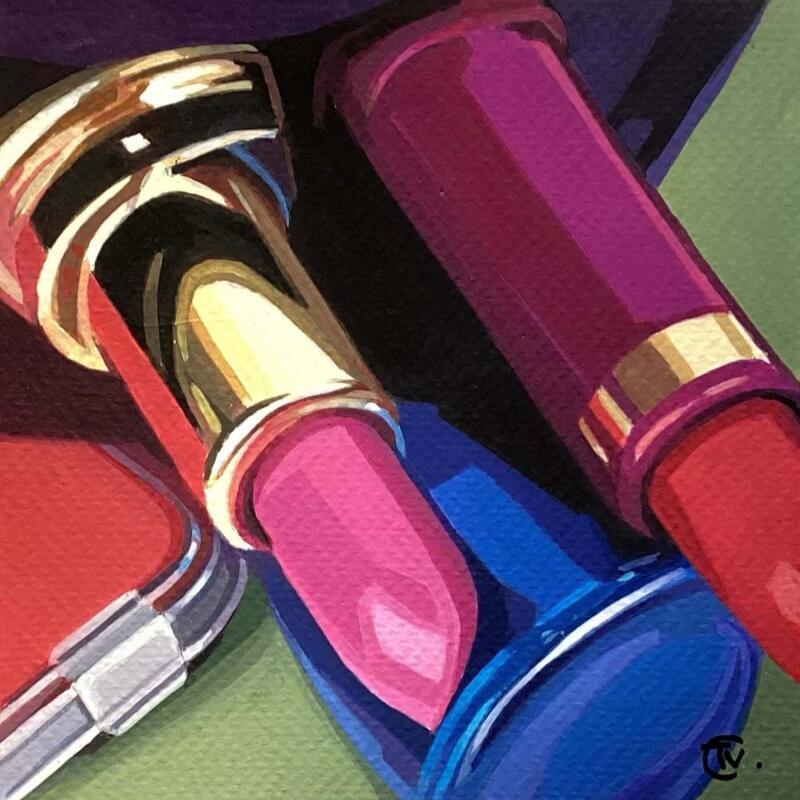 Peinture La fille au vernis bleu par Colin Véronique | Tableau Figuratif Mode Scènes de vie Natures mortes Acrylique