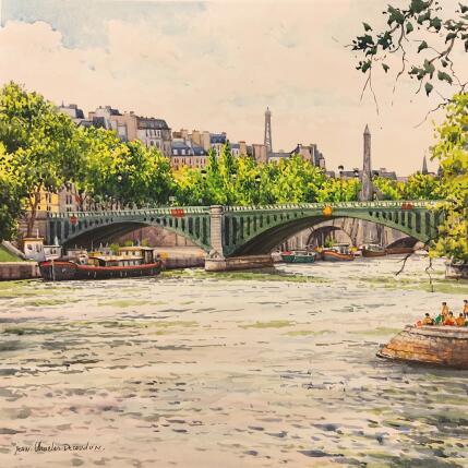Peinture Le pont de Sully et la Tour Eiffel par Decoudun Jean charles | Tableau Figuratif Aquarelle Urbain