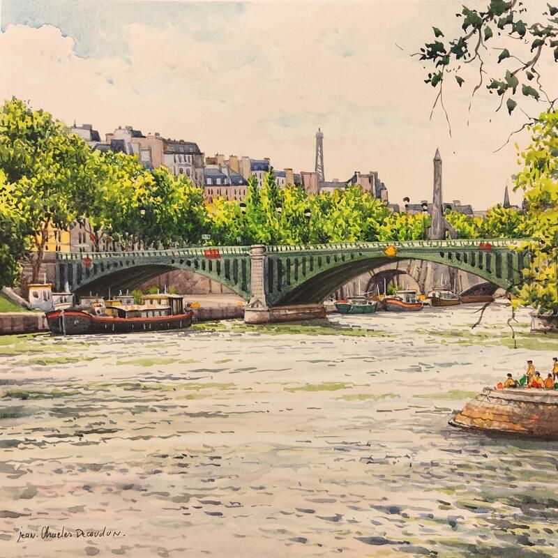Peinture Le pont de Sully et la Tour Eiffel par Decoudun Jean charles | Tableau Figuratif Urbain Aquarelle