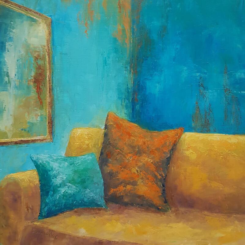 Peinture Le salon bleu par Bessé Laurelle | Tableau Figuratif Scènes de vie Architecture Huile