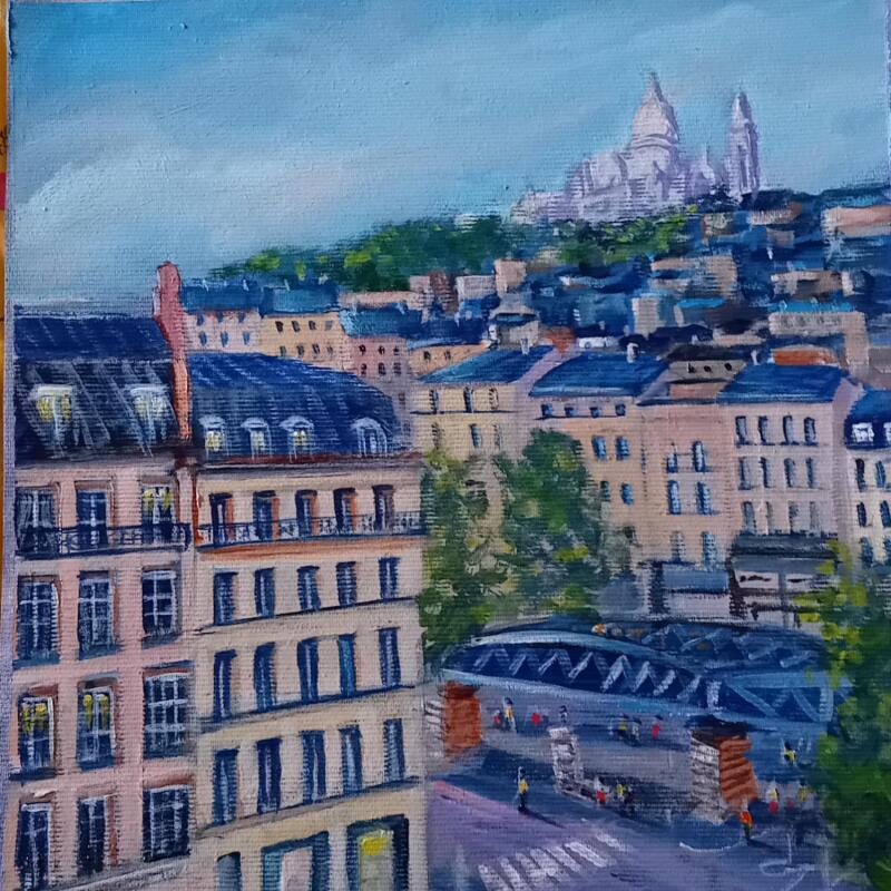 Peinture On a une belle vue sur le Sacré Coeur à Paris par Degabriel Véronique | Tableau Figuratif Paysages Urbain Scènes de vie Huile