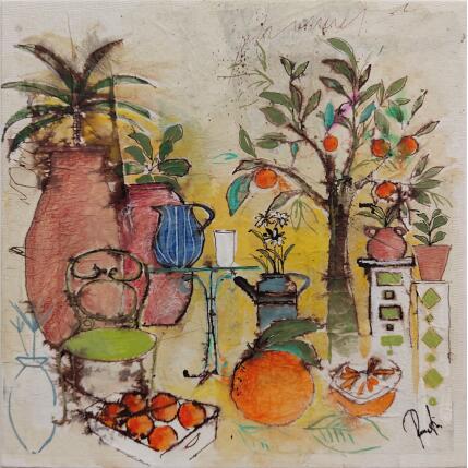 Peinture Sous l'oranger par Colombo Cécile | Tableau Art naïf Acrylique, Aquarelle, Collage, Encre, Pastel Natures mortes