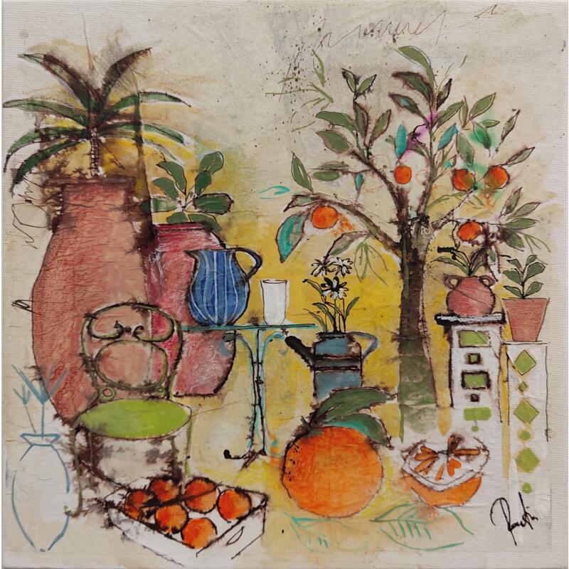 Gemälde Sous l'oranger von Colombo Cécile | Gemälde Naive Kunst Stillleben Aquarell Acryl Collage Tinte Pastell