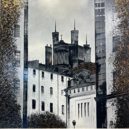 Painting La nuit à Lyon by Rey Julien | Painting Figurative Gold leaf Architecture, Black & White, Urban