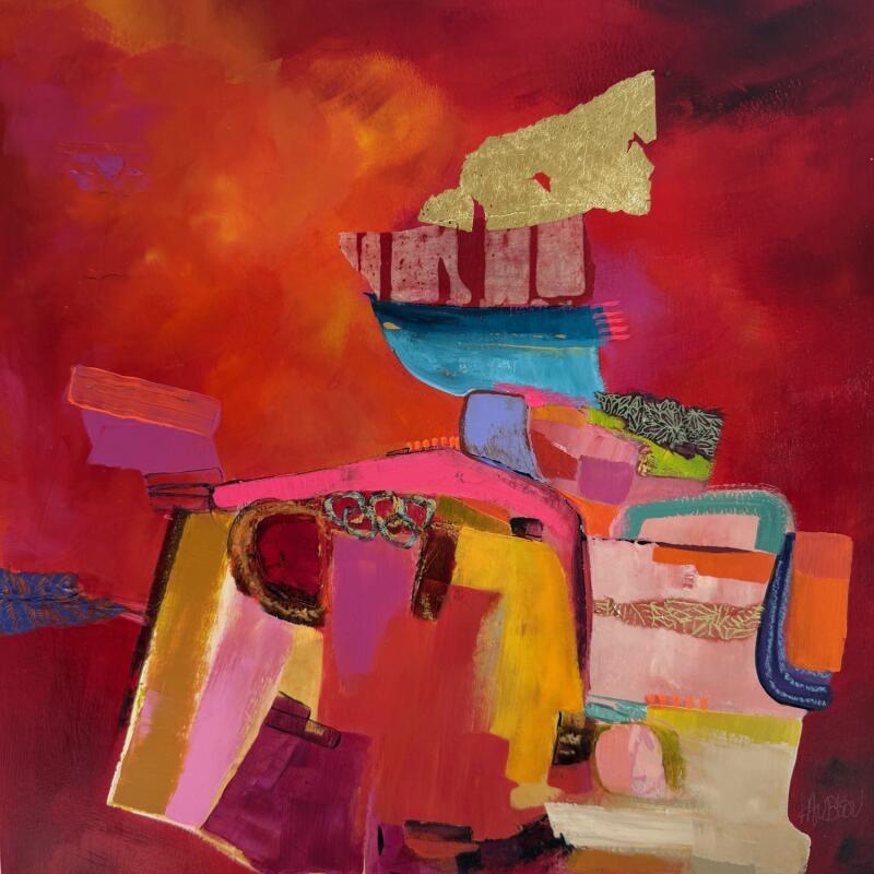 Painting La flamme by Lau Blou | Painting Abstract Landscapes Cardboard Acrylic Gluing Pastel Gold leaf