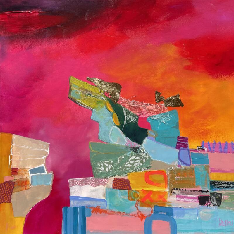 Peinture Le rocher des oliviers par Lau Blou | Tableau Abstrait Paysages Acrylique Collage Pastel Feuille d'or